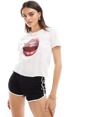 ASOS DESIGN baby tee with photographic cherry lips in cream-White