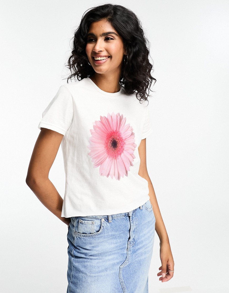 ASOS DESIGN baby tee with pink flower graphic in white