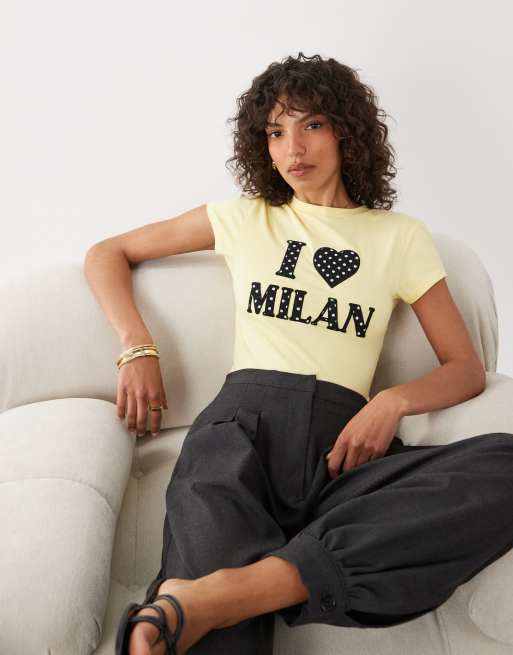 ASOS DESIGN baby tee with polka dot applique I heart Milan graphic in buttermilk, 2 of 4