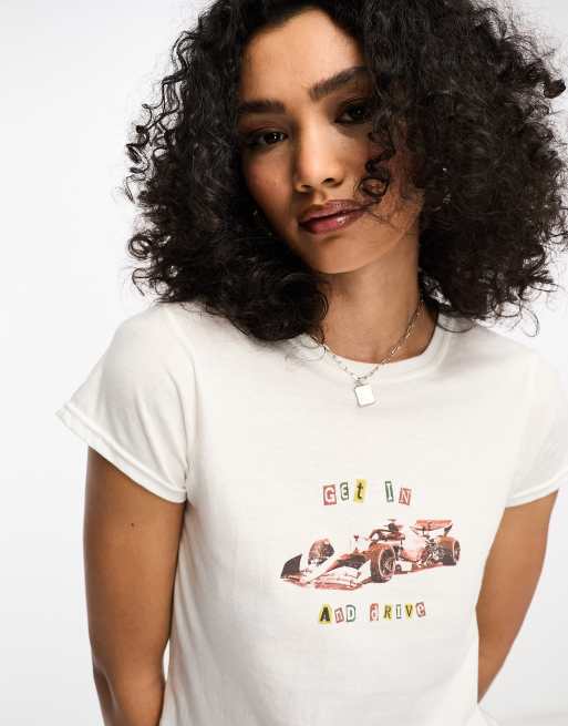 ASOS DESIGN baby tee with racing car graphic in white