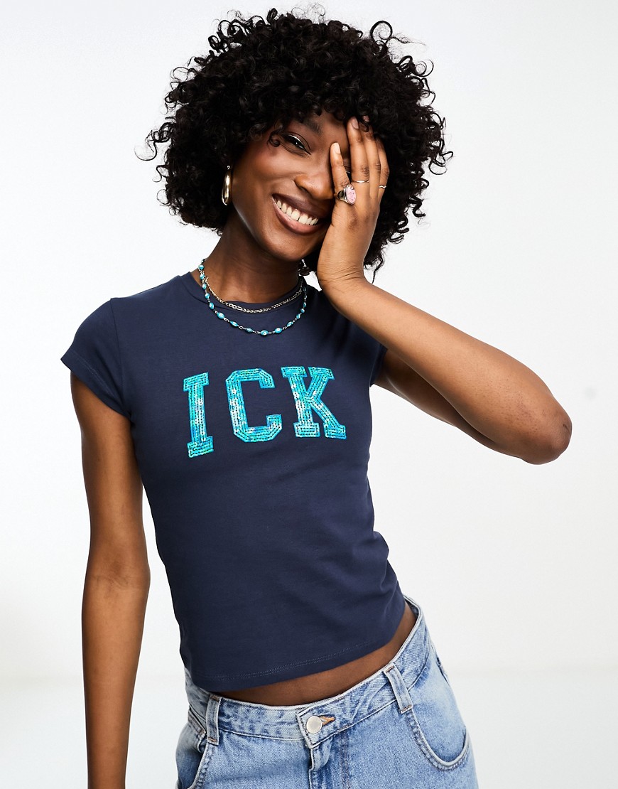 ASOS DESIGN baby tee with sequin ick graphic in navy