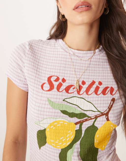 ASOS DESIGN baby tee with sicilia lemon graphic in lilac gingham, 2 of 4