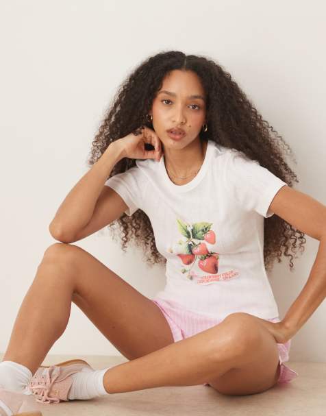 ASOS DESIGN baby tee with strawberry graphic in cream pointelle - view 1