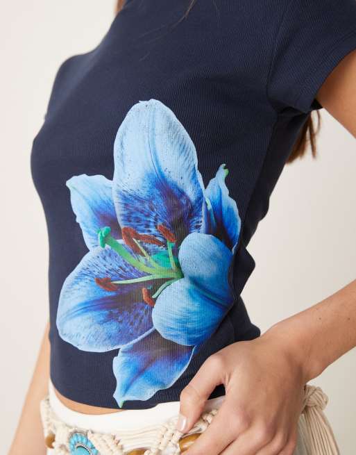 ASOS DESIGN baby tee with tonal blue flower in navy