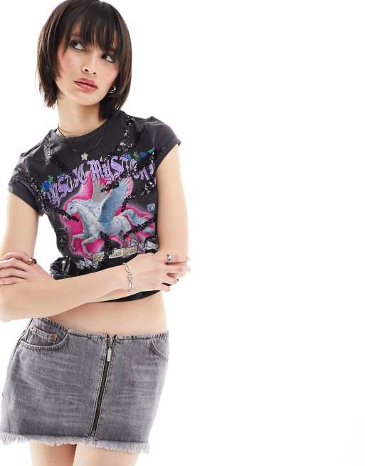 ASOS DESIGN baby tee with unicorn graphic and sequins in washed charcoal