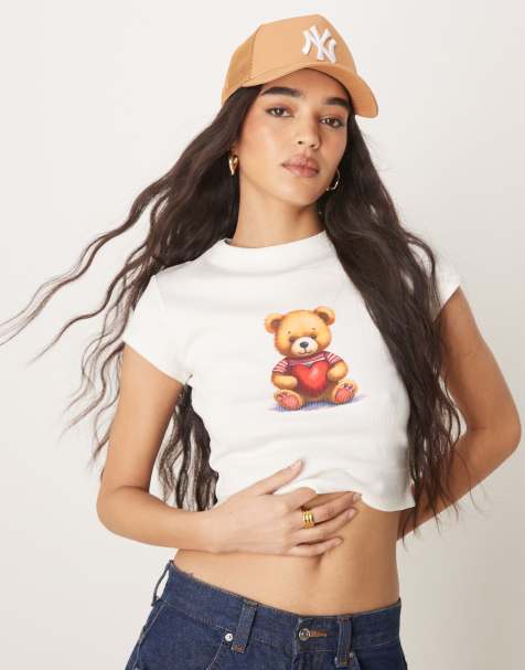 ASOS DESIGN baby tee with valentines bear graphic in cream - view 1