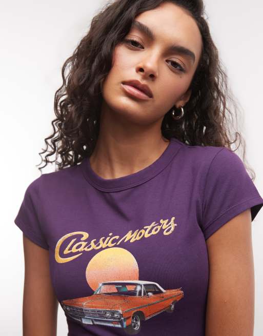 ASOS DESIGN baby tee with vintage car graphic in deep purple, 2 of 4