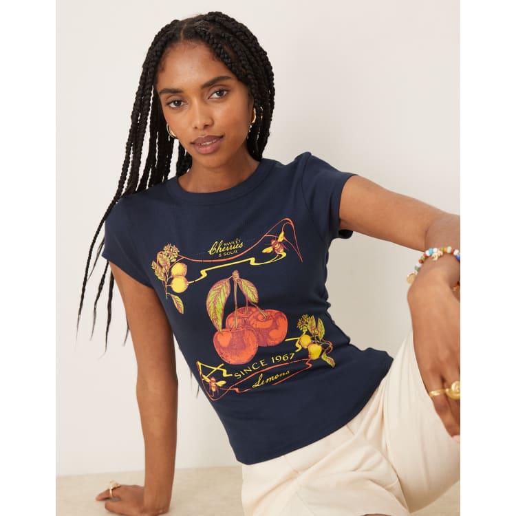 ASOS DESIGN baby tee with vintage cherry graphic in navy | ASOS