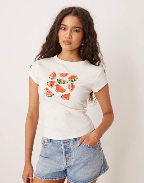 ASOS DESIGN baby tee with watermelon fruit graphic in cream - view 1