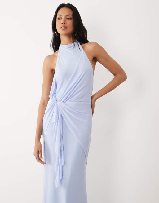 ASOS DESIGN - Babyblå højhalset maxikjole i mesh med draperet flæsedetalje, 2 af 4