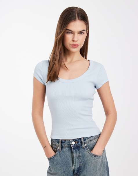 ASOS DESIGN - Babyblå krympet T-shirt med dyb rund hals - view 1