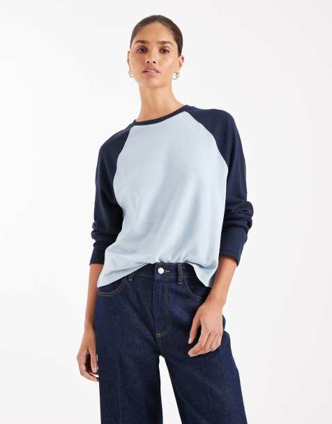 ASOS DESIGN - Babyblå/marineblå oversized T-shirt med lange raglanærmer og tekstur - view 1