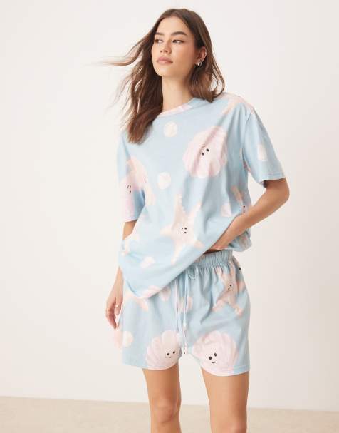 ASOS DESIGN – Babyblå, snäckmönstrad pyjamas med t-shirt i oversize och shorts - view 1