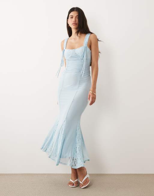ASOS DESIGN – Babyblaues Balconette-Bleistiftkleid aus Spitzenmix mit Godet-Details, 2 von 4