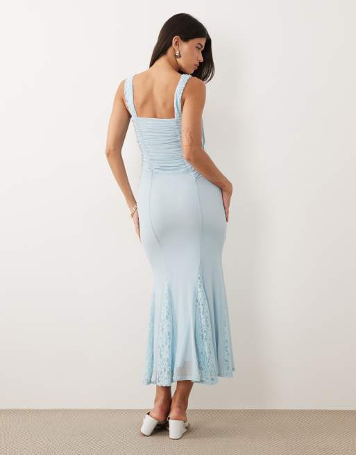 ASOS DESIGN – Babyblaues Balconette-Bleistiftkleid aus Spitzenmix mit Godet-Details, 4 von 4