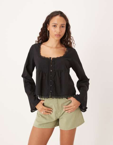 ASOS DESIGN - Babydoll blouse met kanten randje in zwart - view 1