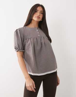 Babydoll-Bluse in Blau und Braun kariert mit Spitzenbesatz und Puffärmeln-Mehrfarbig Mehrfarbig 36
