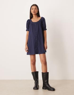 Asos Design Babydoll Button Down Mini Dress In Blue