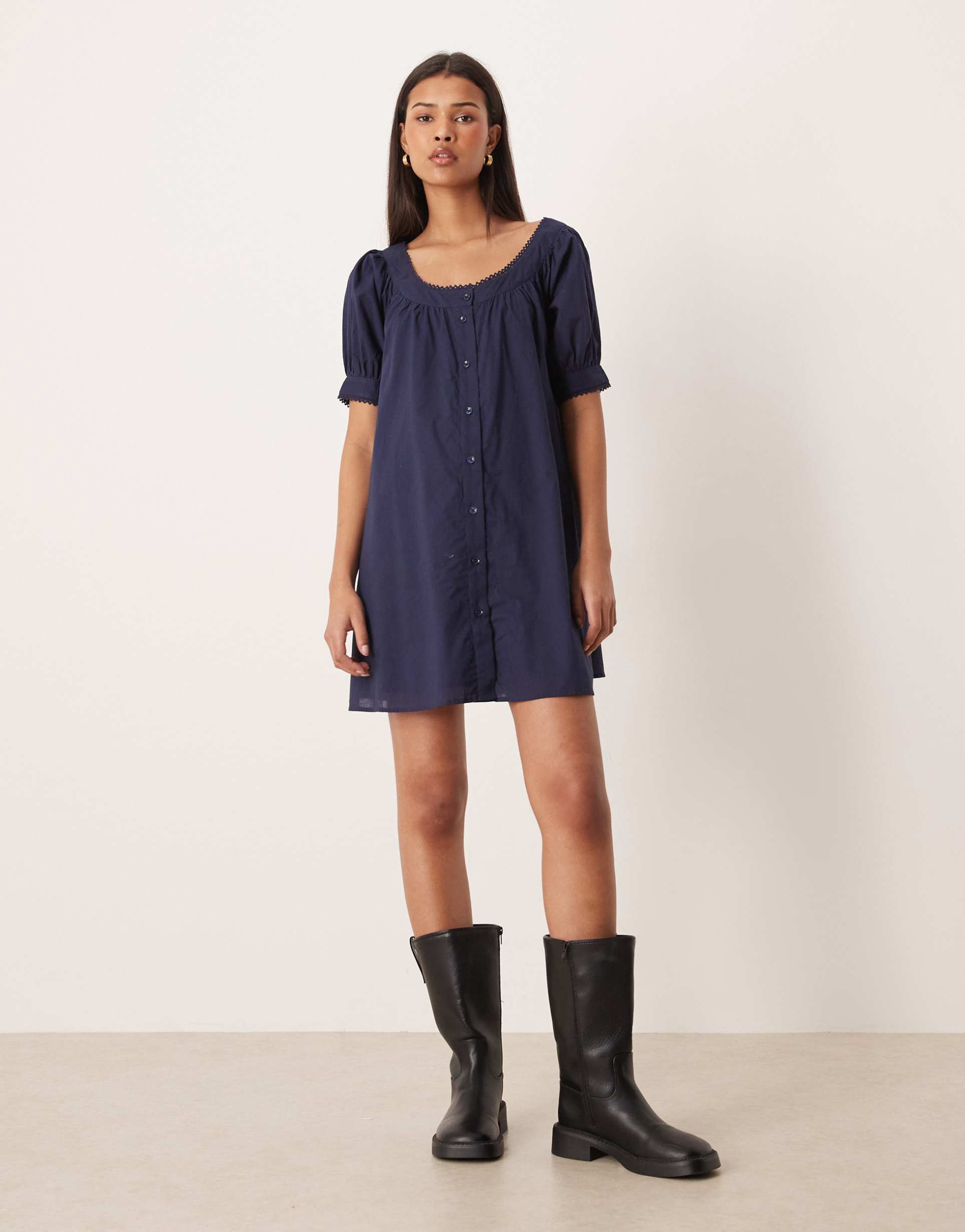 asos design babydoll button down mini dress in navy