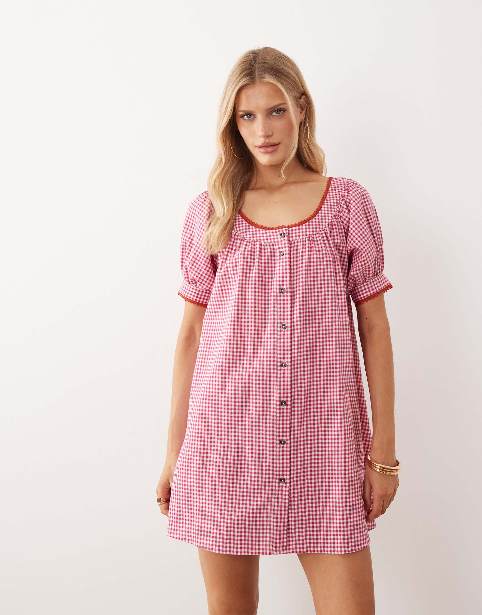 asos design babydoll button down mini dress in red gingham