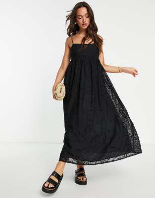 Asos Design Babydoll Cami Maxi Dress In Cutwork Floral Organza In Black