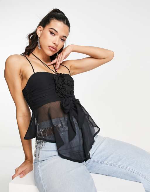 ASOS DESIGN babydoll cami with corsage in black