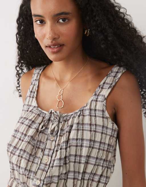ASOS DESIGN babydoll cropped tie front top in brown check co ord, 2 of 4