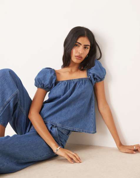 ASOS DESIGN babydoll denim top with puff sleeve in mid blue - view 1
