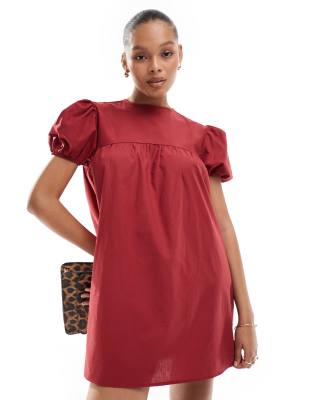 ASOS DESIGN - Babydoll-Hängerkleid in Rot aus Popeline mit Puffärmeln