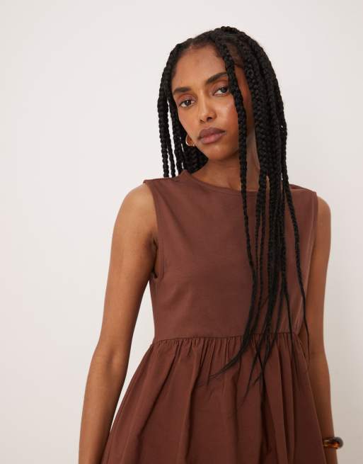 ASOS DESIGN - Babydoll-jurk met A-lijn van poplinmix in bruin, 2 van 4