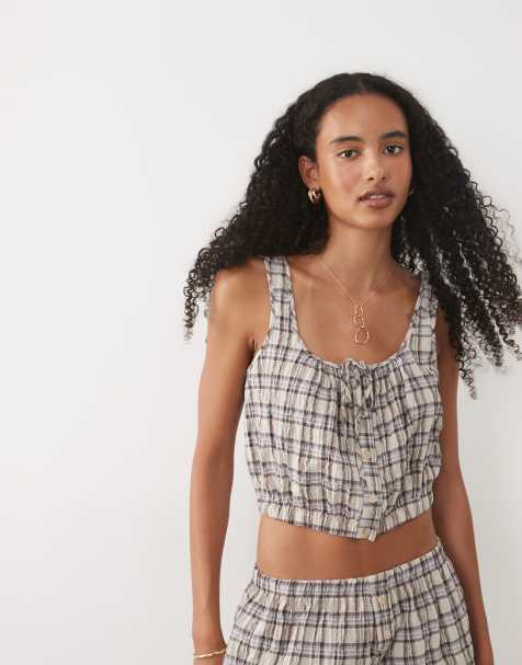 ASOS DESIGN babydoll kort topp med knytning framtill i brun rutig set - view 1