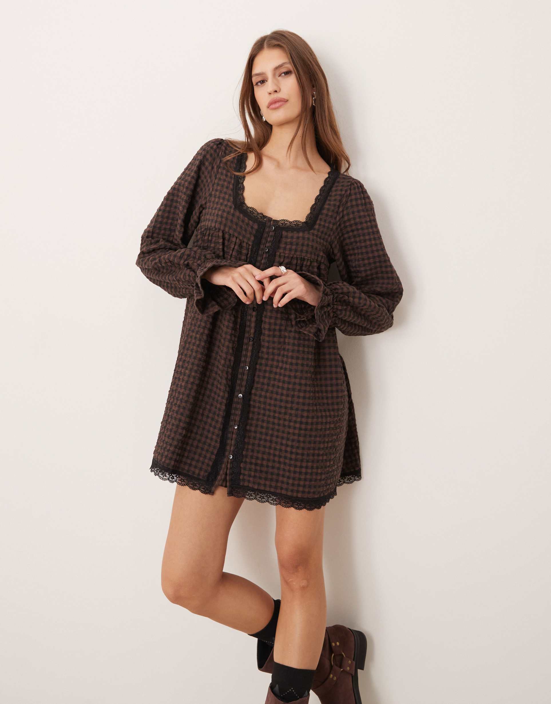 asos design babydoll lace trim mini dress in brushed gingham