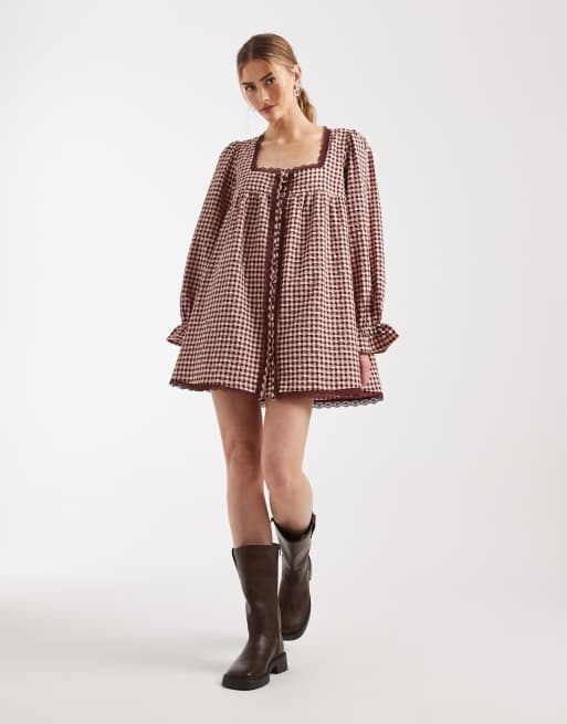 ASOS DESIGN babydoll lace trim mini dress in pink brushed check, 2 of 4