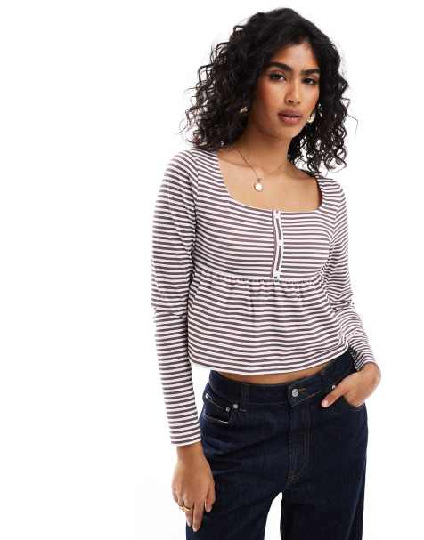 ASOS DESIGN babydoll long sleeve henley top in burgundy stripe - view 1