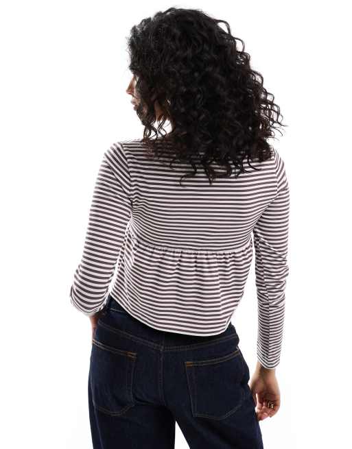 ASOS DESIGN babydoll long sleeve henley top in burgundy stripe, 2 of 4