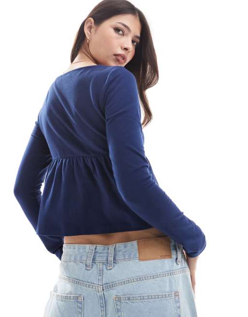 ASOS DESIGN babydoll long sleeve henley top in navy, 3 of 4