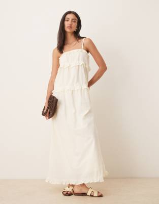 ASOS DESIGN - Babydoll-Maxikleid aus Baumwolle in Elfenbeinweiß mit Einsätzen und Borte