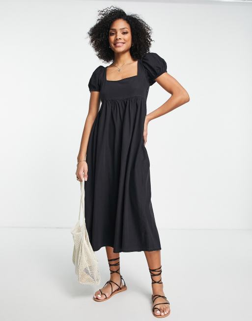 ASOS DESIGN – Babydoll-Midikleid aus weichem Denim in verwaschenem Schwarz