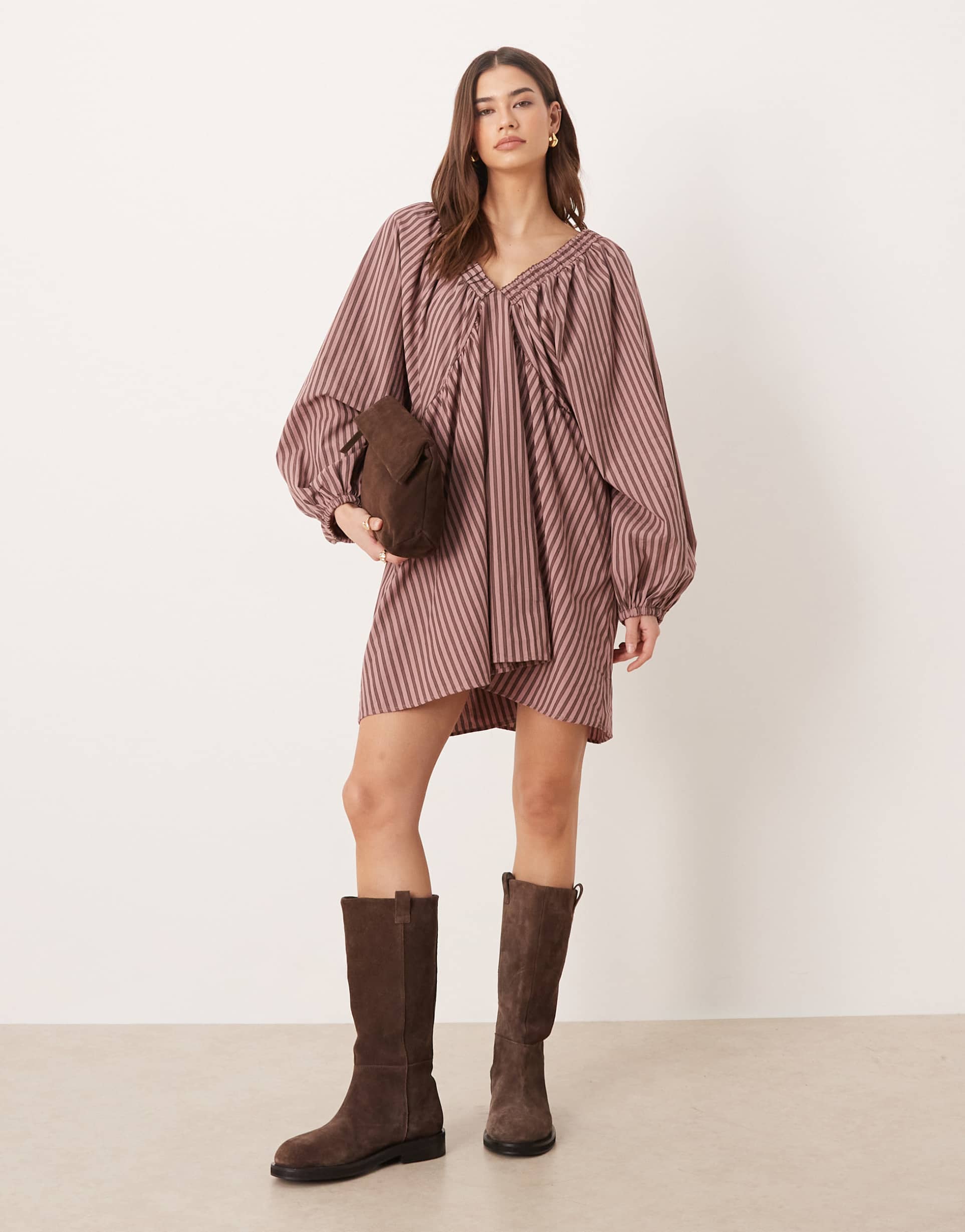 asos design babydoll mini dress in chocolate stripe