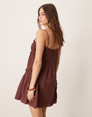 ASOS DESIGN babydoll mini dress with ruffle hem in chocolate
