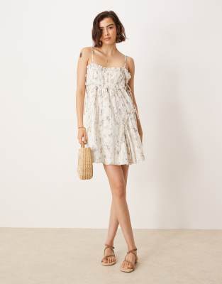babydoll mini dress with ruffle hem in ditsy floral print-Multi