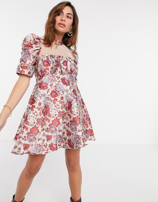 Asos Design Babydoll Mini Dress With Sheer Yoke In Jacquard Floral Asos