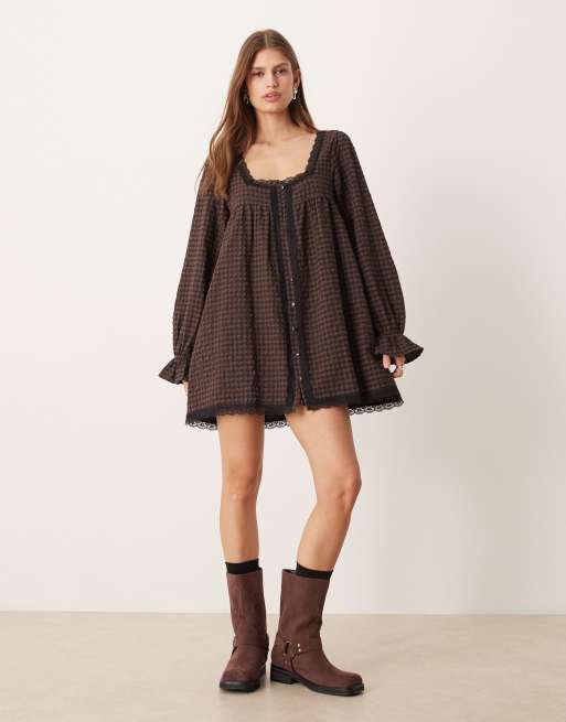 ASOS DESIGN - Babydoll mini-jurk met kanten rand en geborstelde ruitprint, 2 van 4