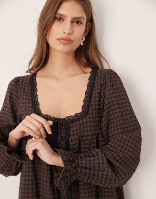 ASOS DESIGN - Babydoll mini-jurk met kanten rand en geborstelde ruitprint, 4 van 4