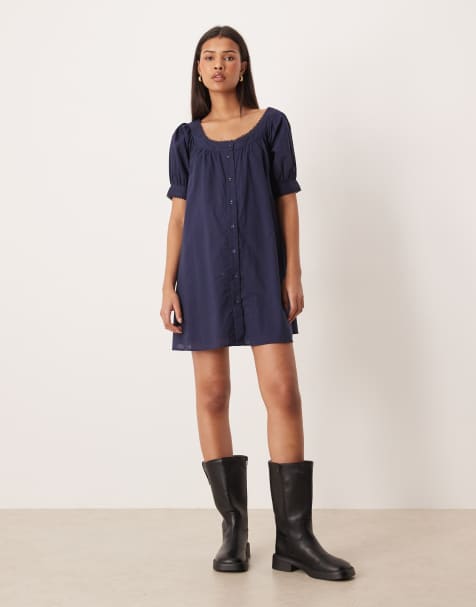 ASOS DESIGN - Babydoll mini-jurk met knopen in marineblauw - view 1