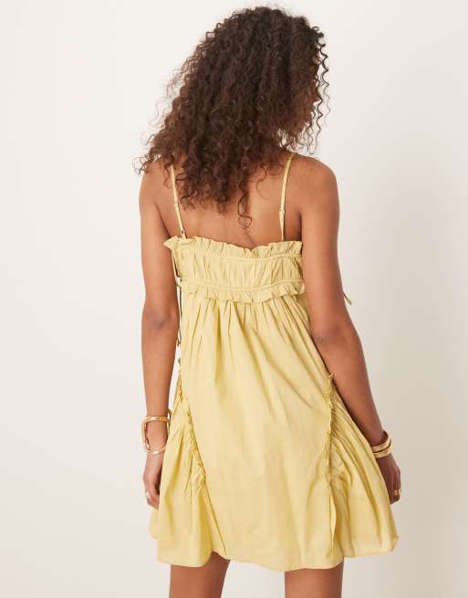 ASOS DESIGN - Babydoll mini-jurk met ruches in limoengroen met wassing , 3 van 4