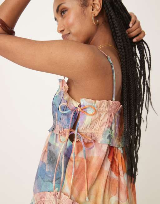 ASOS DESIGN babydoll mini sundress with ruffle hem in blurred floral print , 2 of 4