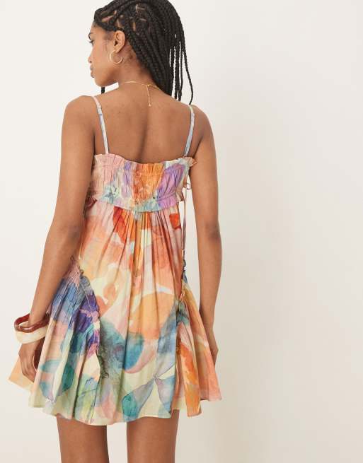 ASOS DESIGN babydoll mini sundress with ruffle hem in blurred floral print , 3 of 4