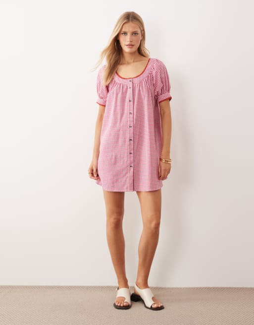 ASOS DESIGN – Babydoll-Minikleid mit Vichy-Karos in Rot und Knopfleiste, 2 von 4