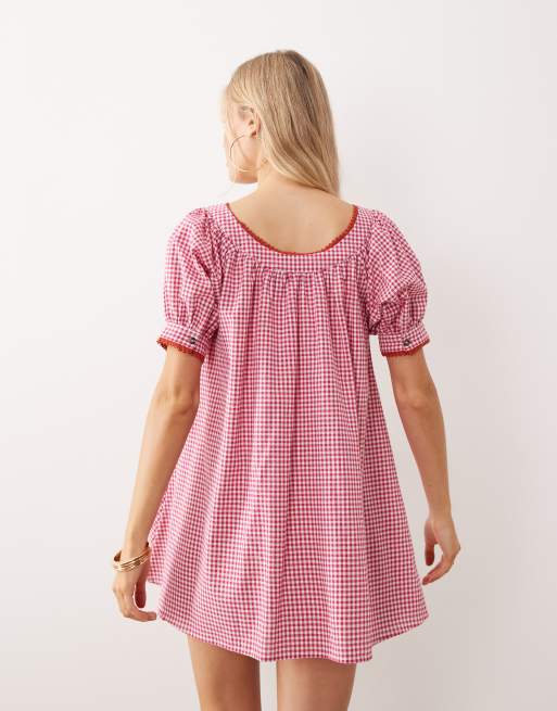 ASOS DESIGN – Babydoll-Minikleid mit Vichy-Karos in Rot und Knopfleiste, 4 von 4